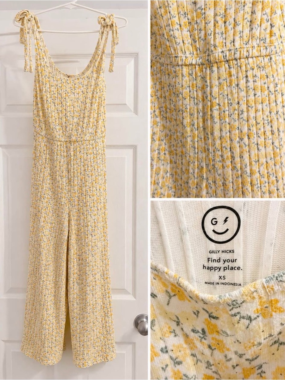Gilly Hicks Yellow Floral Tie-Shoulder Wide-Leg Jumpsuit